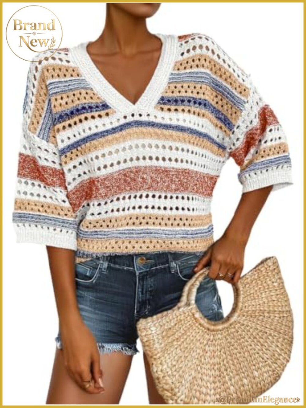 Women's Crochet Knit V Neck Pullover Sweater Hollow Out Striped Short Sleeve
